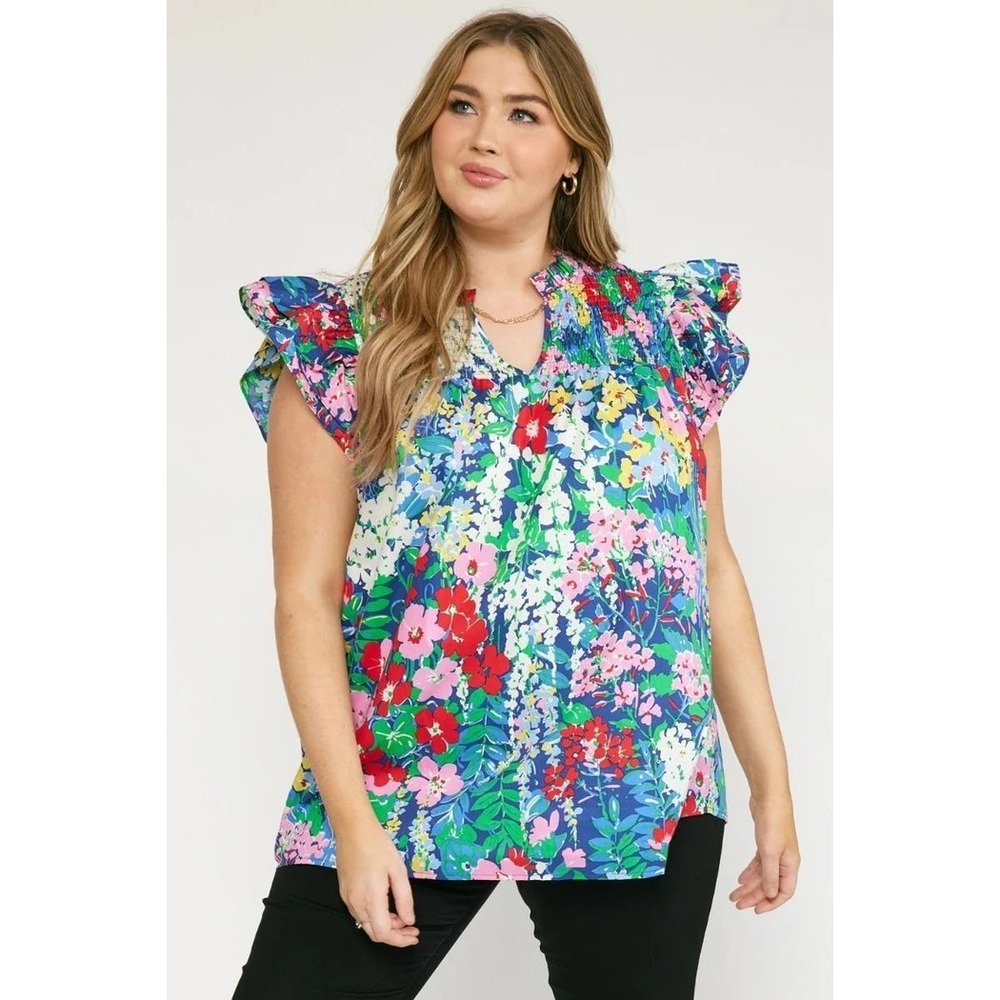 Entro Women's Blue Floral V-Neck Ruffle Flutter Sleeve Pullover Blouse Sz XL